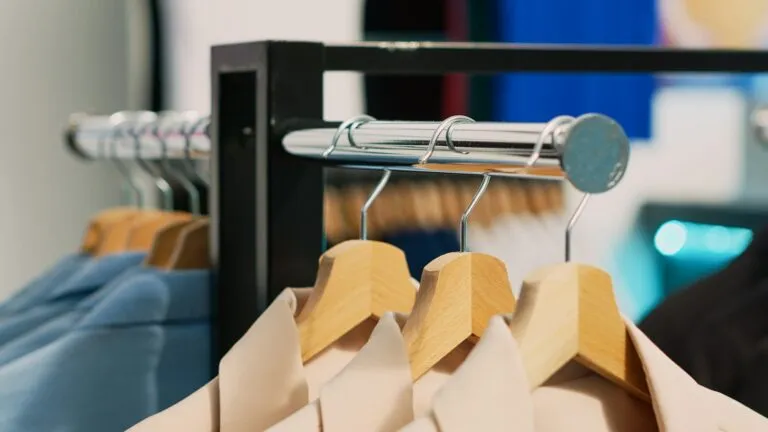 Clothes hanging on wooden hangers in a retail store, emphasizing the importance of consistent temperature control for customer comfort and display protection in commercial spaces.