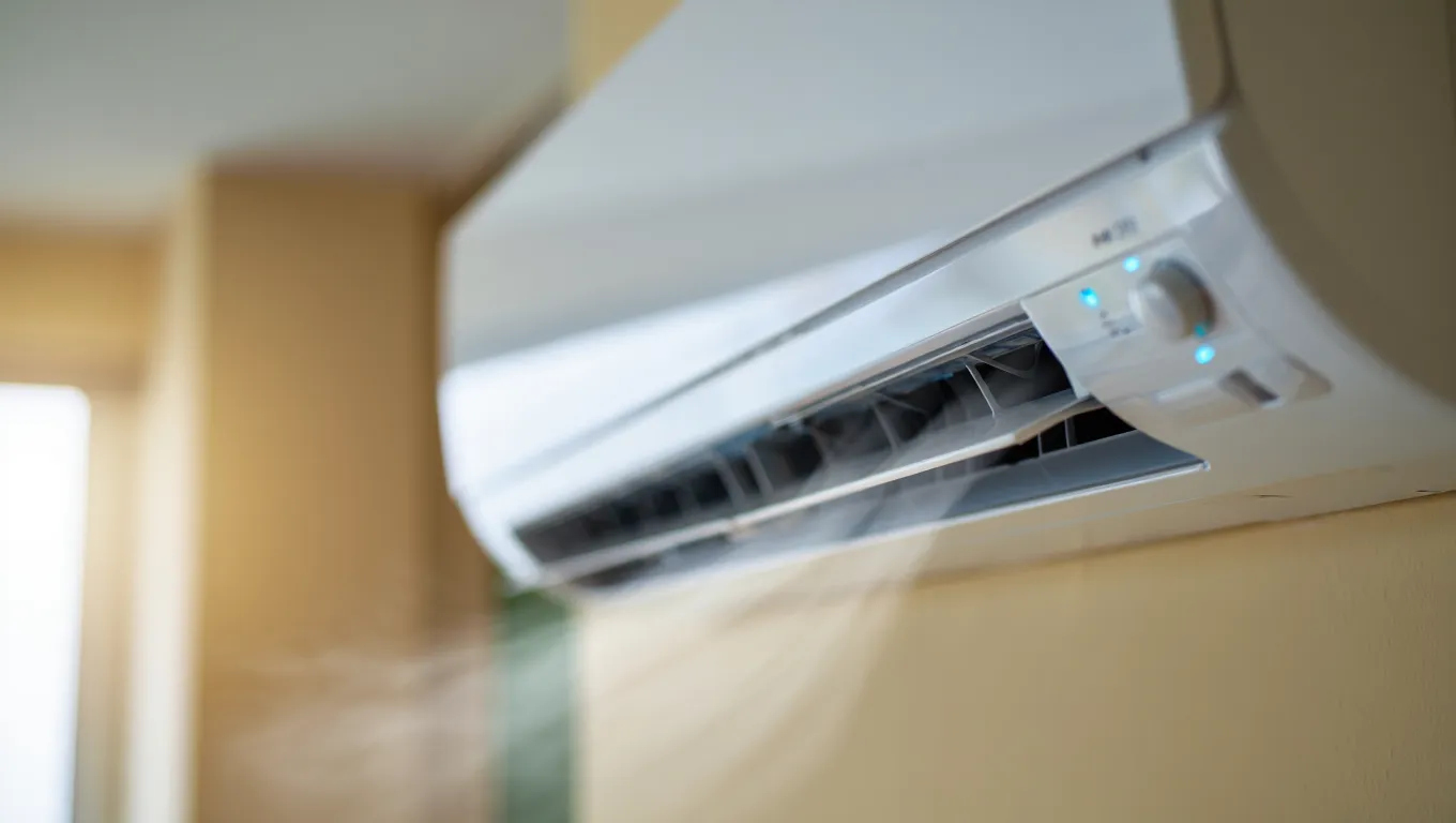 Air conditioner unit mounted on a wall, emitting cool air, illustrating essential HVAC maintenance for effective cooling in Highland Park, TX.