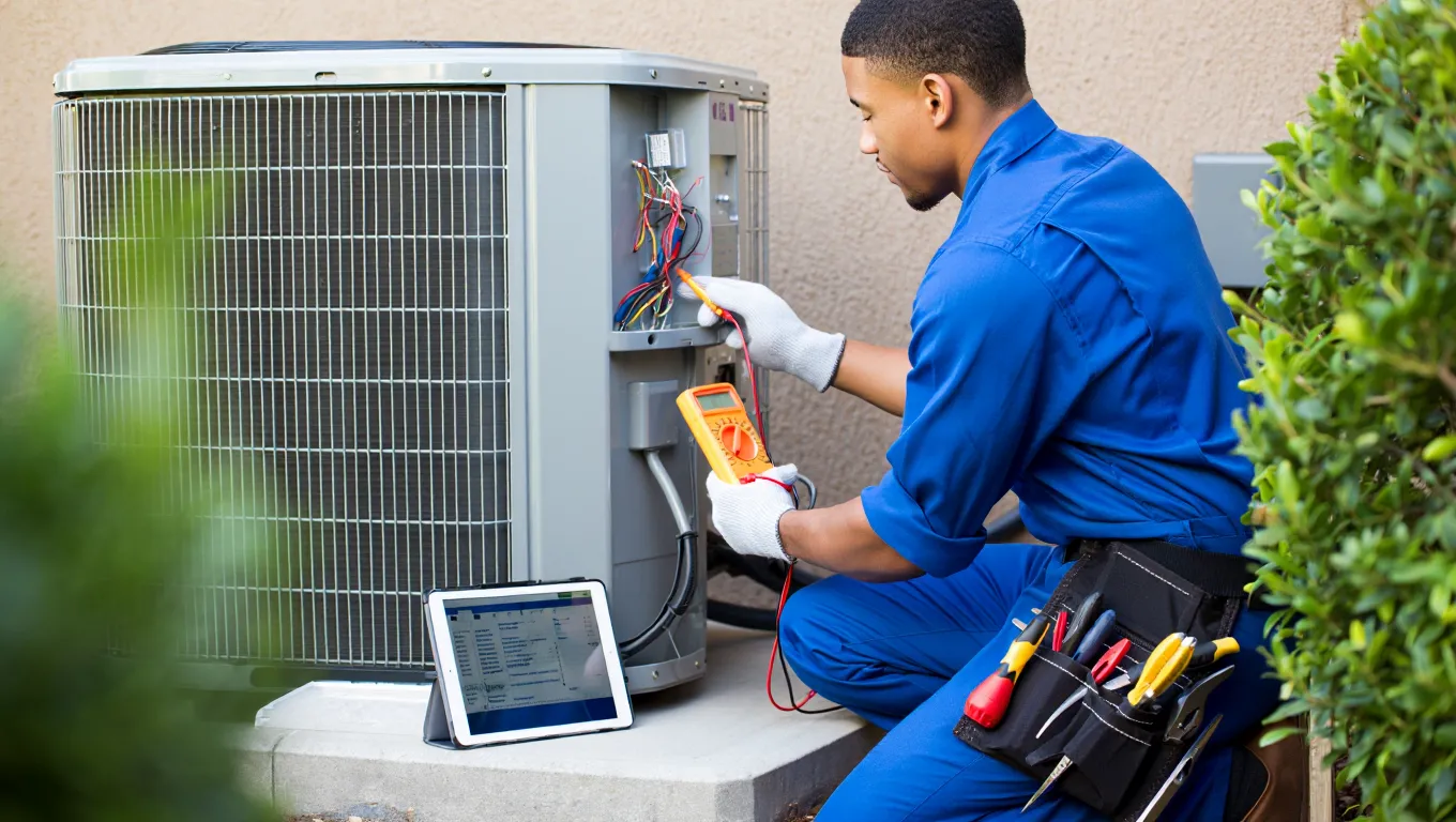 Technician in blue uniform performing air conditioning repair, using a multimeter on unit, with tablet displaying diagnostic information nearby, in Highland Park setting.