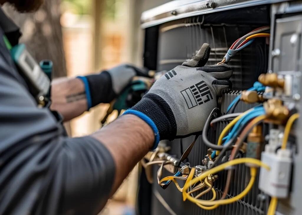 HVAC technician repairs AC unit. Air conditioning repair in Dallas, TX, ensuring efficient home cooling with expert service and maintenance.