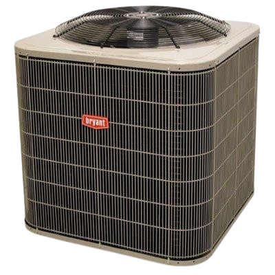 Bryant AC unit for AC repair services. Air conditioning system with protective metal grill and fan. Dallas, TX AC repair services available.