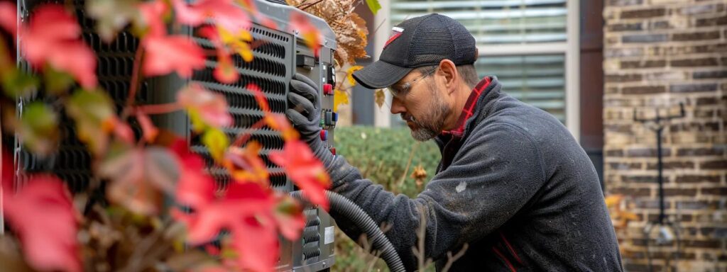 HVAC technician servicing AC unit in Dallas, TX. Fall leaves frame the AC repair. Air conditioning maintenance ensures efficient cooling.