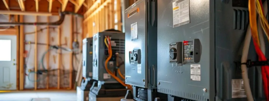 HVAC units in a row, showing electrical connections. Commercial HVAC services in Dallas, TX, for industrial building climate control systems.