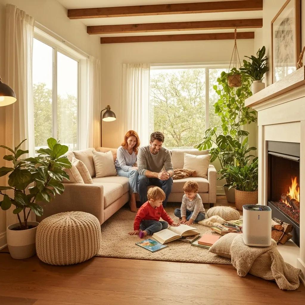Family enjoying time together in a cozy living room with an air purifier, emphasizing indoor air quality and comfort for allergy relief in Dallas homes.