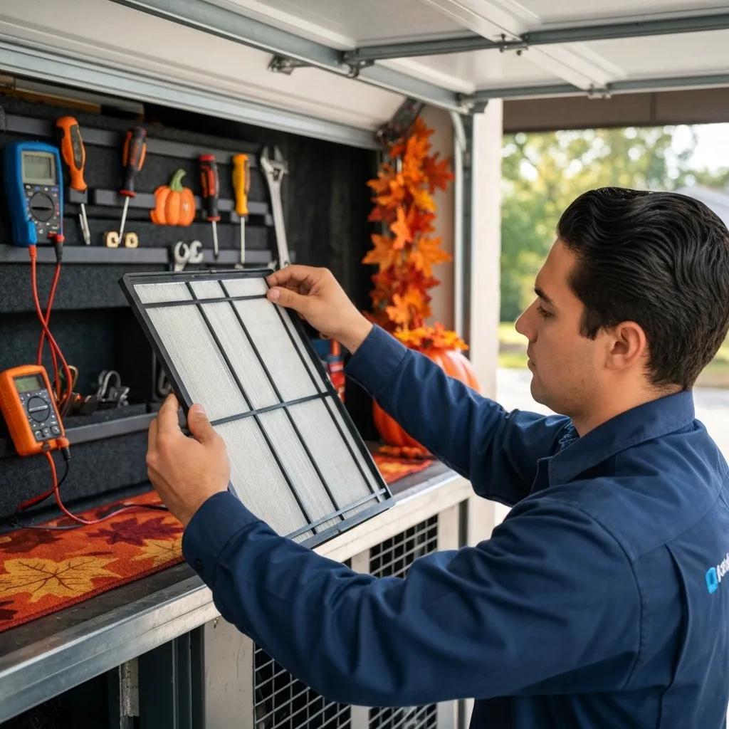 Technician replacing air filter in HVAC unit during fall maintenance