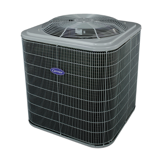 Carrier AC unit for AC repair services. Outdoor condenser with fan grill. Air conditioning system maintenance and solutions in Dallas, TX.