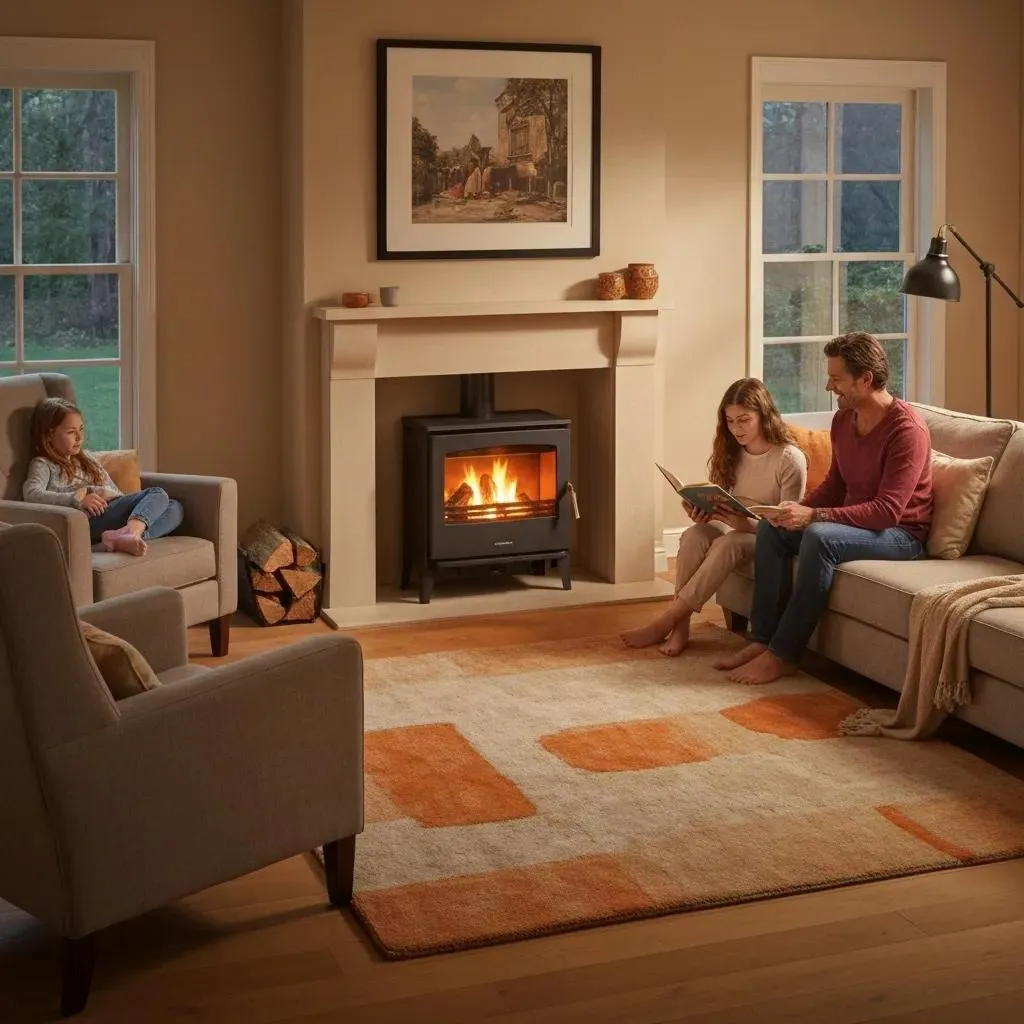 Cozy living room with a modern furnace, highlighting home comfort and warmth