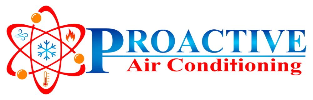 Proactive Air Conditioning logo. Blue text with red atom icon. Air conditioning services in Dallas, TX for home and business. HVAC solutions.