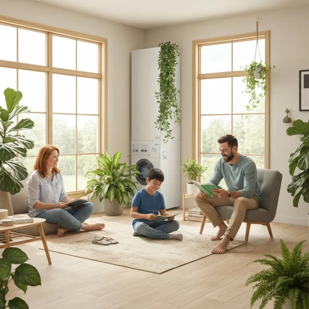 Family enjoying clean air at home with a high-efficiency furnace in the background, emphasizing health benefits