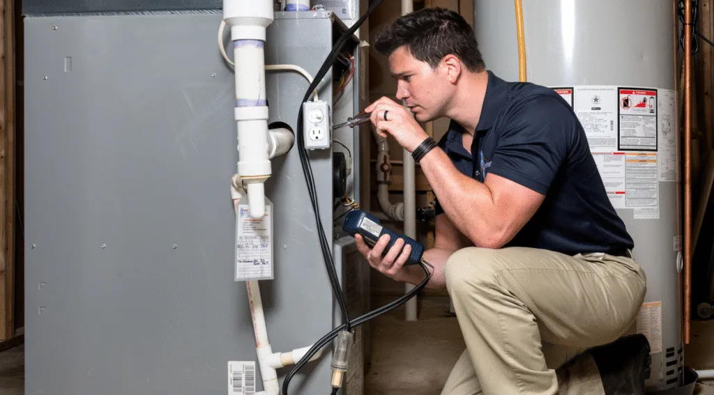 HVAC technician inspecting a furnace installation, ensuring safe operation and efficiency for Proactive Air Conditioning services in Dallas, TX.