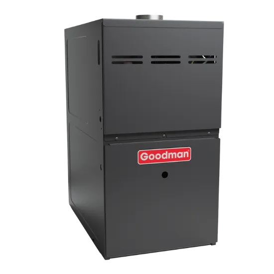 Goodman Gas Furnace unit. Heating system for home. Gas furnace installation in Dallas, TX. Goodman HVAC unit with the Goodman logo on the front.