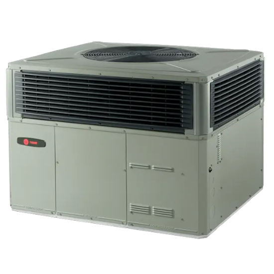 Trane HVAC unit. Packaged rooftop air conditioner for commercial heating and cooling. HVAC installation in Dallas, TX. Trane unit with fan and vents.
