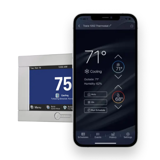 Trane smart thermostat and mobile app interface for HVAC control, showing cooling settings and temperature adjustment. Dallas, TX.