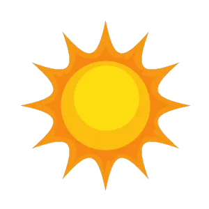 Cartoon sun illustration with yellow and orange colors. A bright sun for a summer day. Weather forecast in Dallas, TX.