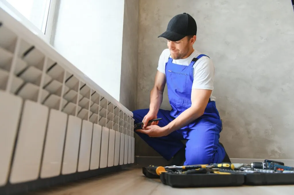 Young plumber in blue overalls repairing a radiator, tools scattered on the floor, indoor setting, emphasizing heating repair services in Dallas.