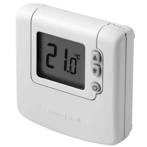 Programmable Thermostat: A white Honeywell thermostat displaying 21 degrees Celsius, showcasing home climate control technology.