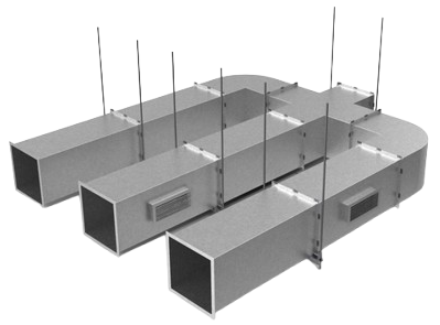 Ductwork system components for HVAC airflow management, illustrating air distribution channels essential for balanced heating and cooling in commercial spaces.