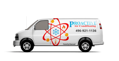 A white Proactive Air Conditioning service van displaying their logo with a snowflake, flame, and thermometer inside an atomic symbol.