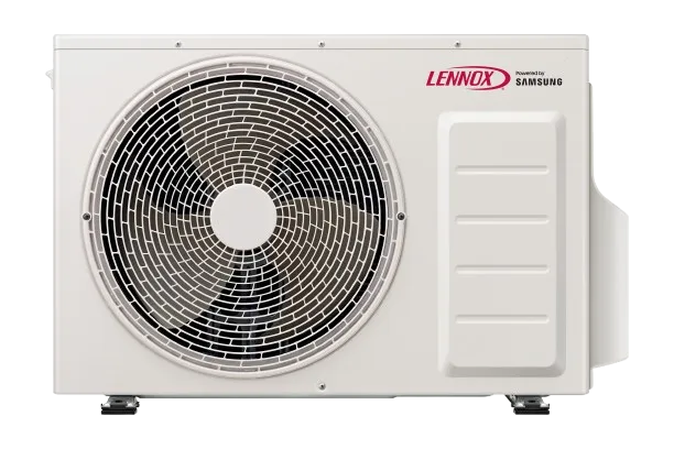 Ductless mini-split outdoor unit from Lennox, featuring a large fan and sleek design, ideal for efficient heating in residential settings.