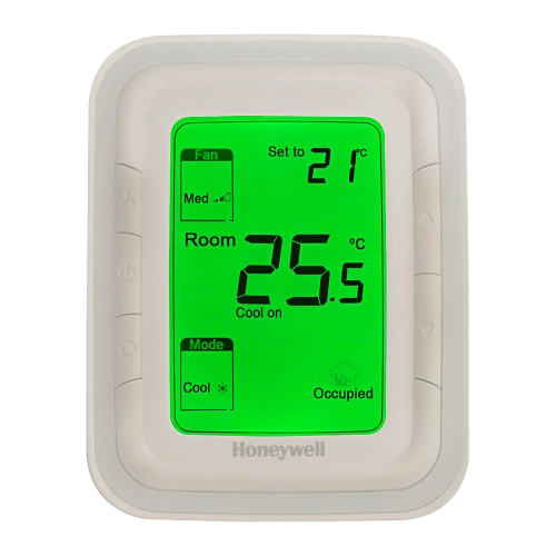 Honeywell programmable thermostat showing a room temperature of 25.5°C and a set temperature of 21°C in cool mode for energy efficiency.