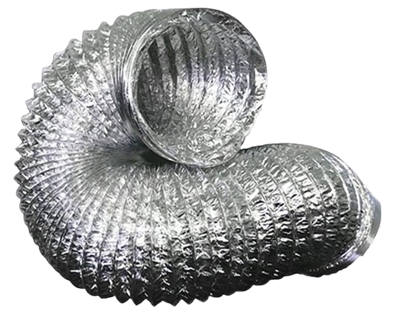 Flexible aluminum ducting for HVAC systems, showcasing ridged texture and curved design, relevant for air duct cleaning services in Dallas.