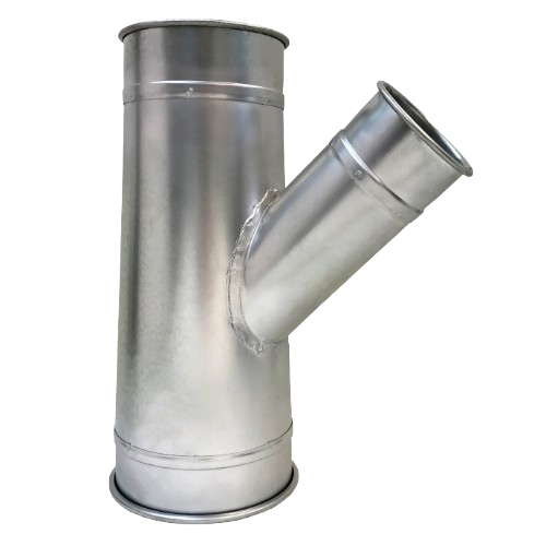 Metal branch duct fitting for HVAC systems, illustrating airflow distribution in residential ductwork, relevant to air duct cleaning services in Dallas for improved air quality and efficiency.