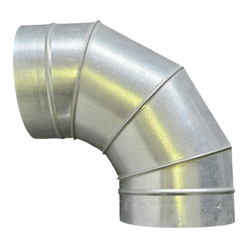 Metal duct elbow fitting used in HVAC systems for flexible duct installation, emphasizing air flow efficiency and duct cleaning importance.