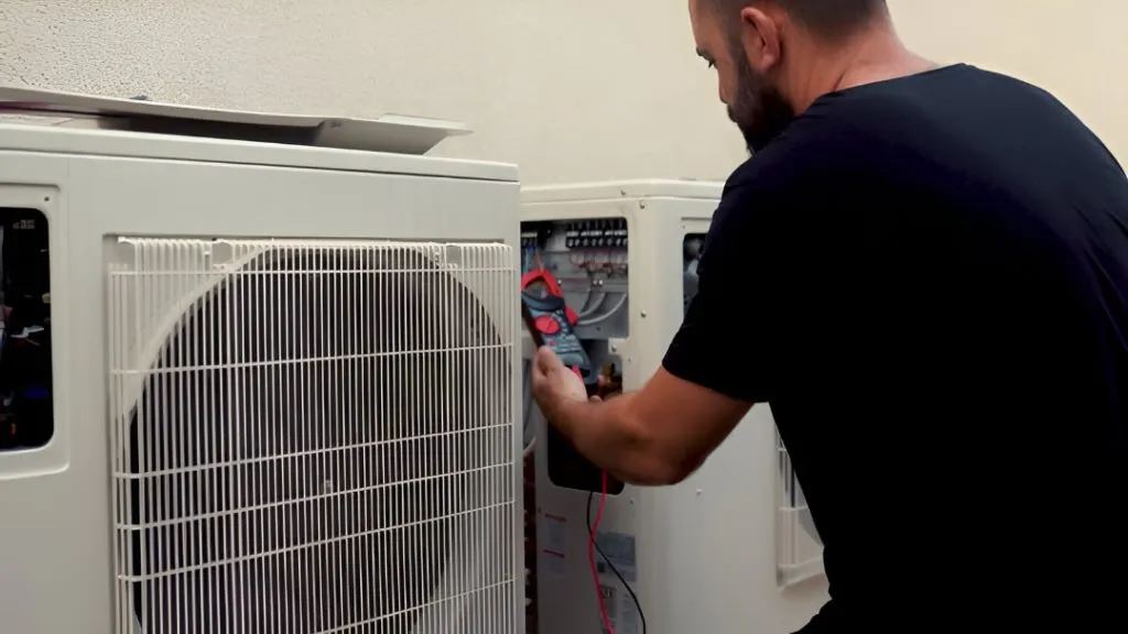Technician servicing ductless heating system, emphasizing reliable HVAC maintenance and repair in Dallas, TX.