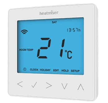 Close-up of a Heatmiser programmable thermostat showing a set temperature of 21 degrees Celsius for optimal home climate control.