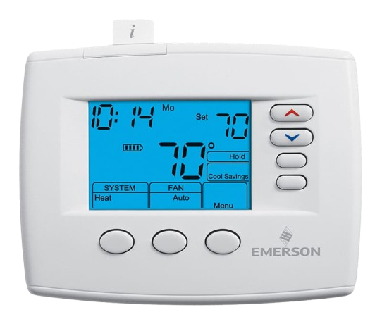 Emerson Programmable Thermostat displaying 10:14 and set to 70 degrees. Control your home's temperature with a programmable thermostat.