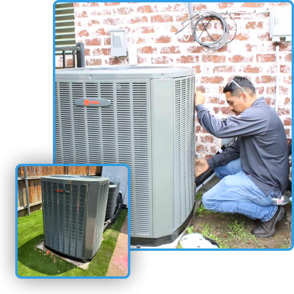 HVAC technician inspecting a home air conditioning unit for maintenance. Ensuring efficient cooling. Home comfort solutions in Dallas, TX.