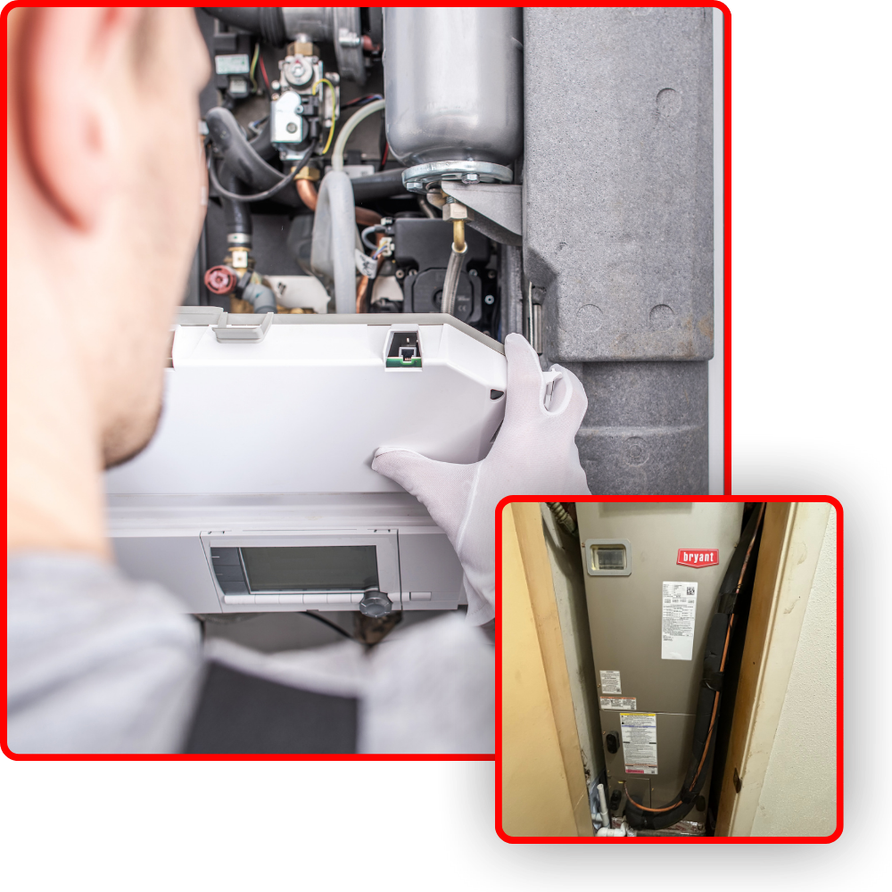 A technician working on a home HVAC system, ensuring efficient heating and cooling. Professional service for a comfortable home environment.
