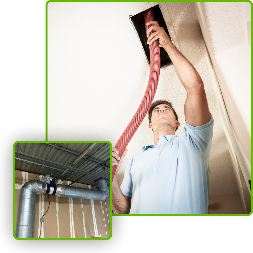 HVAC technician inserting duct into ceiling vent for home air conditioning, showing ductwork in Dallas, TX. Professional install