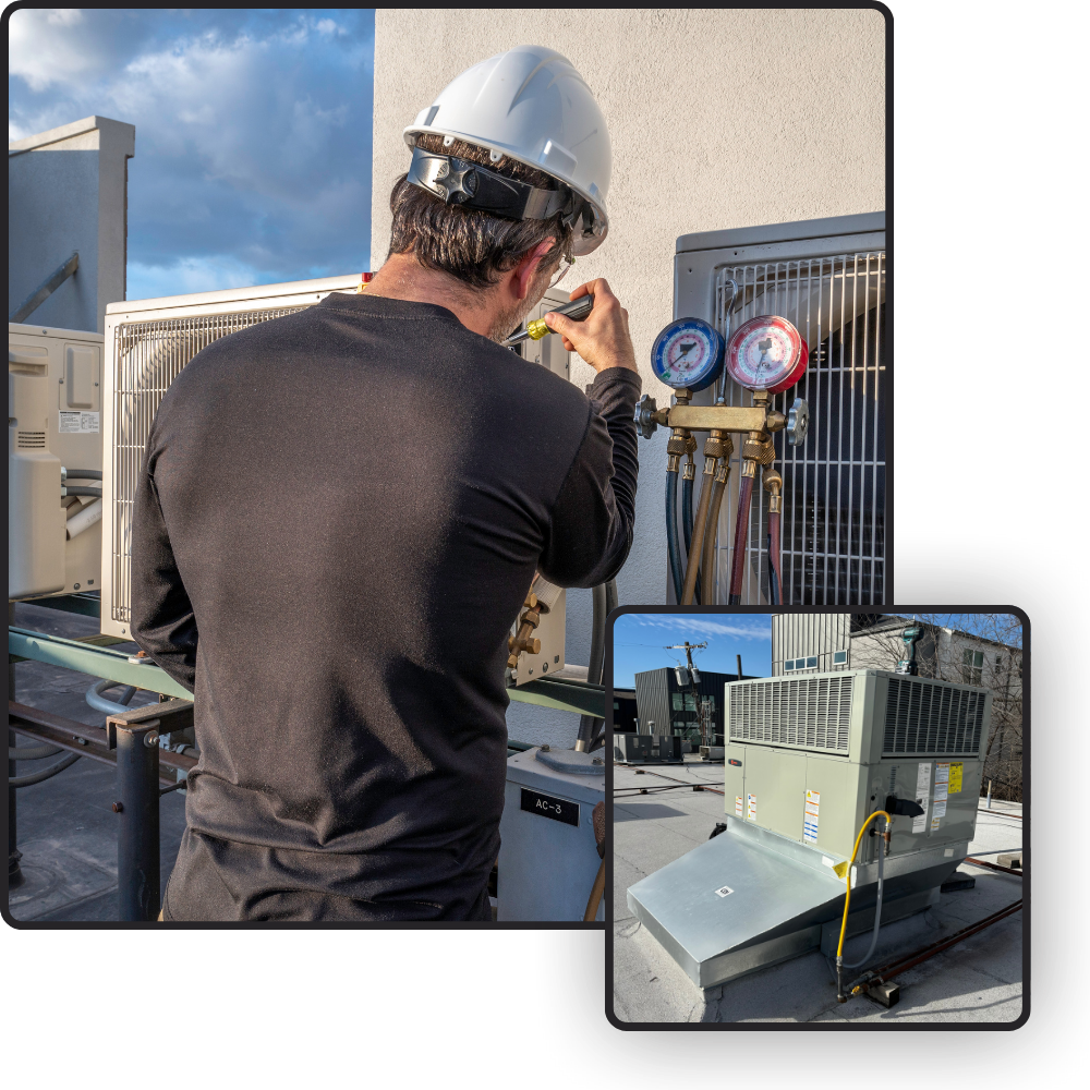 HVAC technician in Dallas, TX, repairing an air conditioning unit on a rooftop, ensuring efficient home cooling and heating services.