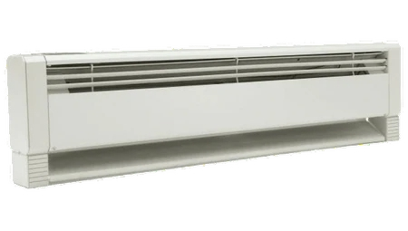 Electric convection baseboard heater, designed for efficient heating, featuring a sleek white exterior and slatted vents for warm air circulation, relevant to baseboard heater installation and repair services in Dallas, TX.