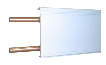 Hydronic baseboard heater unit with copper piping, representing efficient heating solutions offered by Proactive Air Conditioning in Dallas, TX.