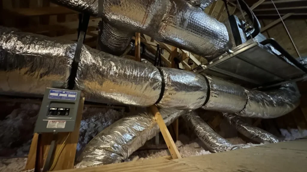 Ductwork in an attic, showcasing insulated metal ducts and a control panel, illustrating HVAC zoning systems for efficient temperature control in homes.