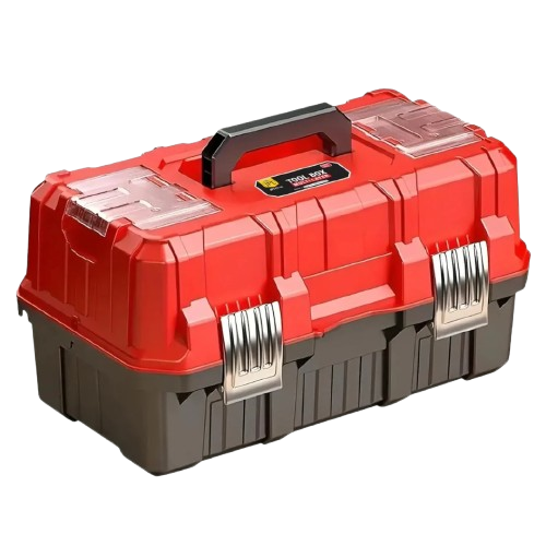 Red and black tool box, equipment for Lower Greenville home repair projects, durable storage solution for tools, Dallas, TX neighborhood.