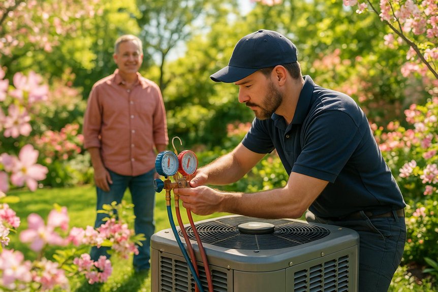 HVAC technician performing spring AC tune-up on outdoor unit in Dallas, surrounded by blooming flowers, with homeowner observing.
