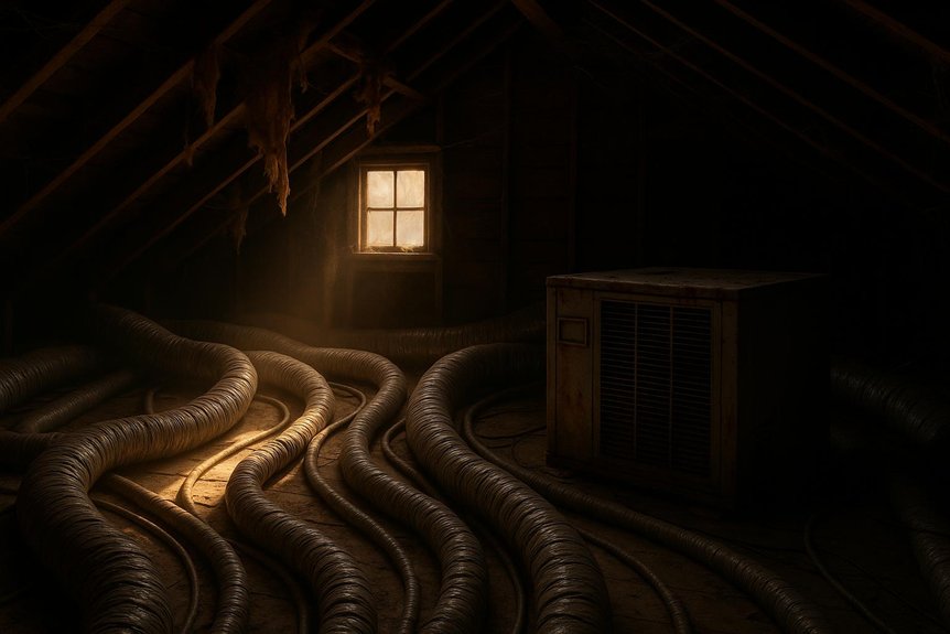 Attic interior with sunlight through a window, HVAC ductwork coiling on the floor, and an air conditioning unit, illustrating potential heat stress on AC systems in Dallas homes.