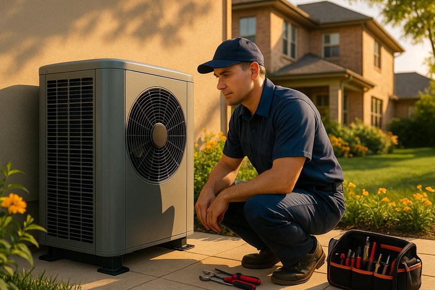 Technician inspecting heat pump unit in residential yard, emphasizing professional HVAC service for summer comfort in Dallas.