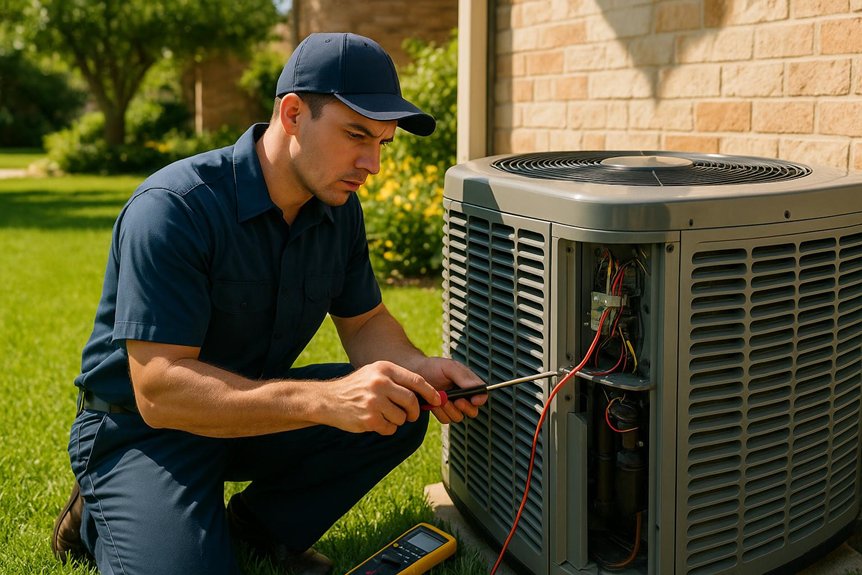 Heat pump repair in Dallas, TX: A technician carefully troubleshoots an outdoor AC unit with a multimeter, ensuring summer home comfort.
