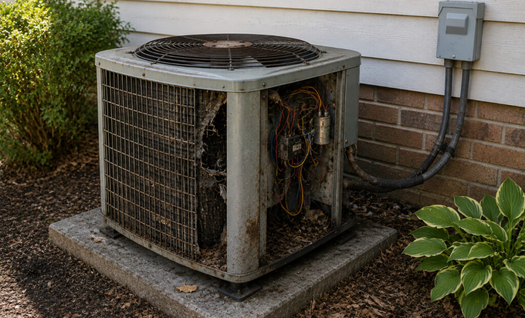 Damaged air conditioner unit outside a home, showing signs of disrepair, suggesting issues with AC performance. Is your air conditioner struggling?