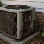 Damaged air conditioner unit outside a home, showing signs of disrepair, suggesting issues with AC performance. Is your air conditioner struggling?