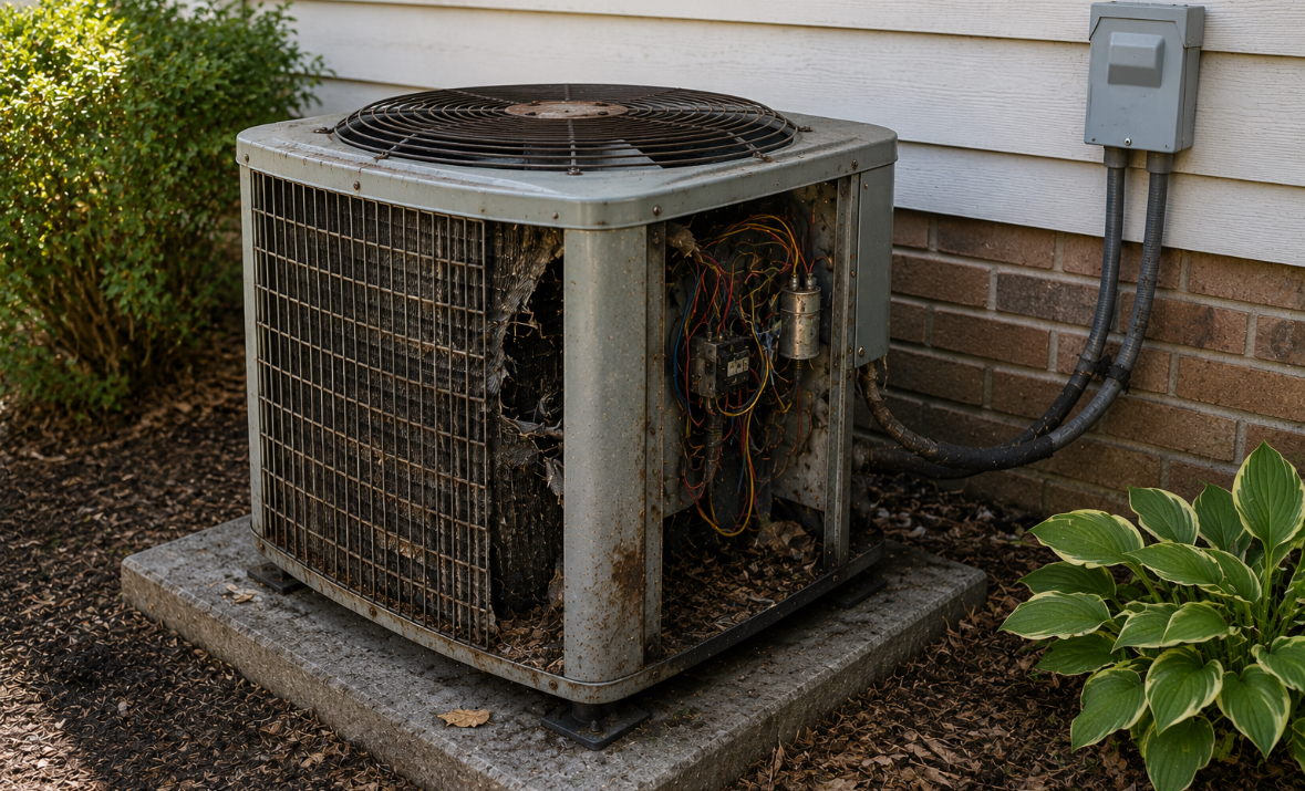 Damaged air conditioner unit outside a home, showing signs of disrepair, suggesting issues with AC performance. Is your air conditioner struggling?