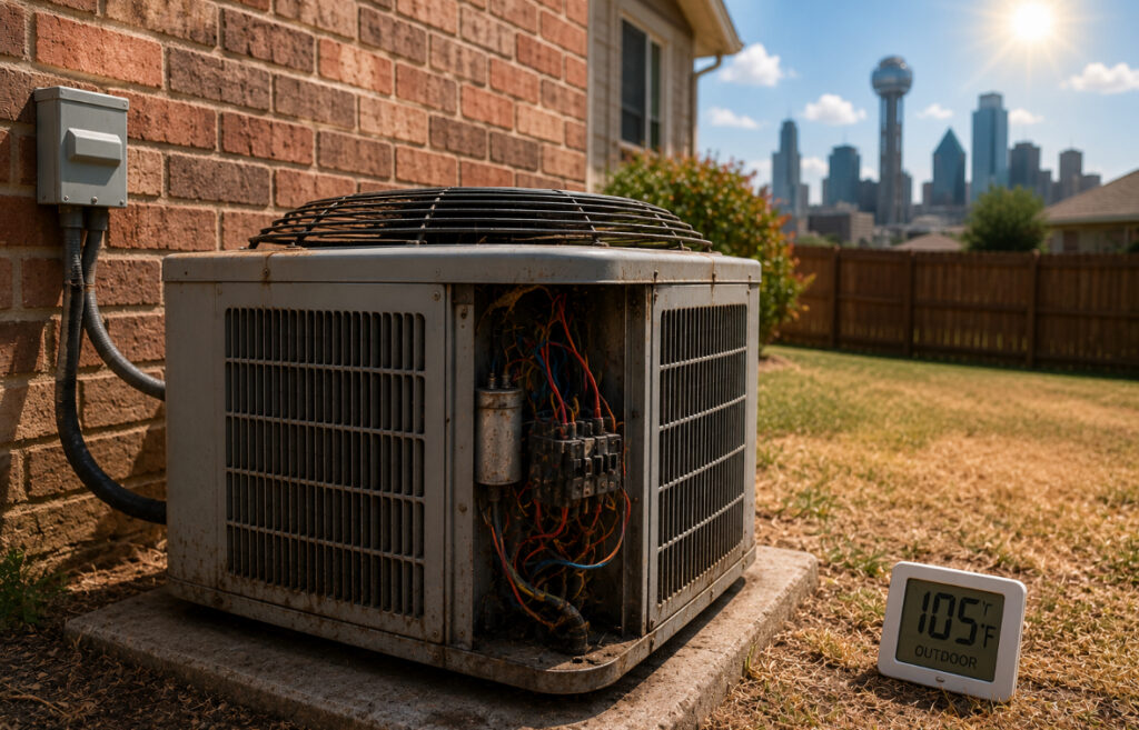 Outdoor air conditioner unit next to a brick wall in Dallas, TX, with exposed wires and a thermometer reading 105°F. Is your air conditioner struggling?