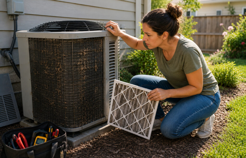 Woman inspecting a dirty air conditioner filter next to the AC unit, maintenance tools nearby, checking if your air conditioner is struggling.