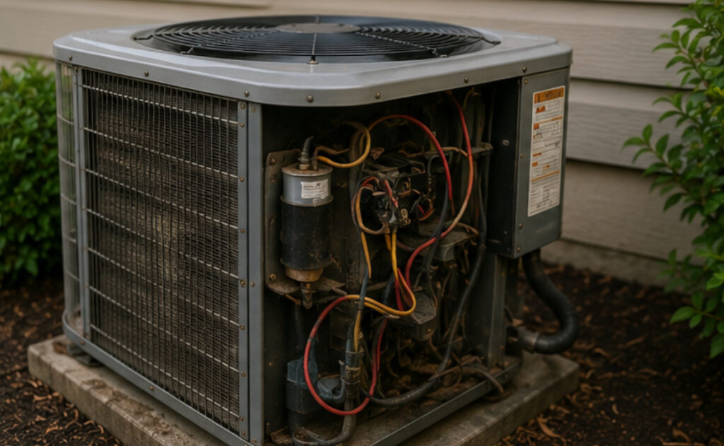 An outdoor AC unit with the side panel removed, revealing complex wiring and internal components for Dallas, TX homeowners.