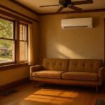 Compact ductless mini split cooling unit mounted above a vintage mid-century sofa in a sunlit living room within Dallas, TX
