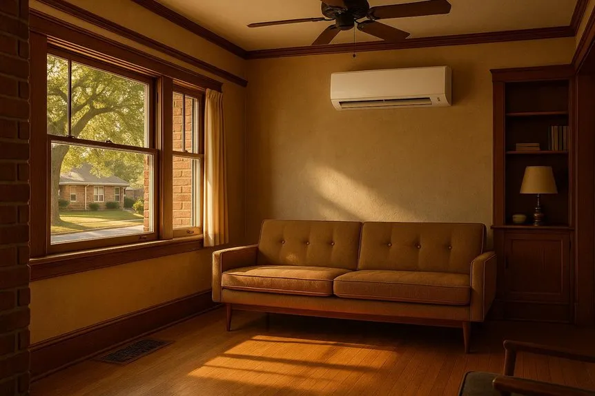 Compact ductless mini split cooling unit mounted above a vintage mid-century sofa in a sunlit living room within Dallas, TX
